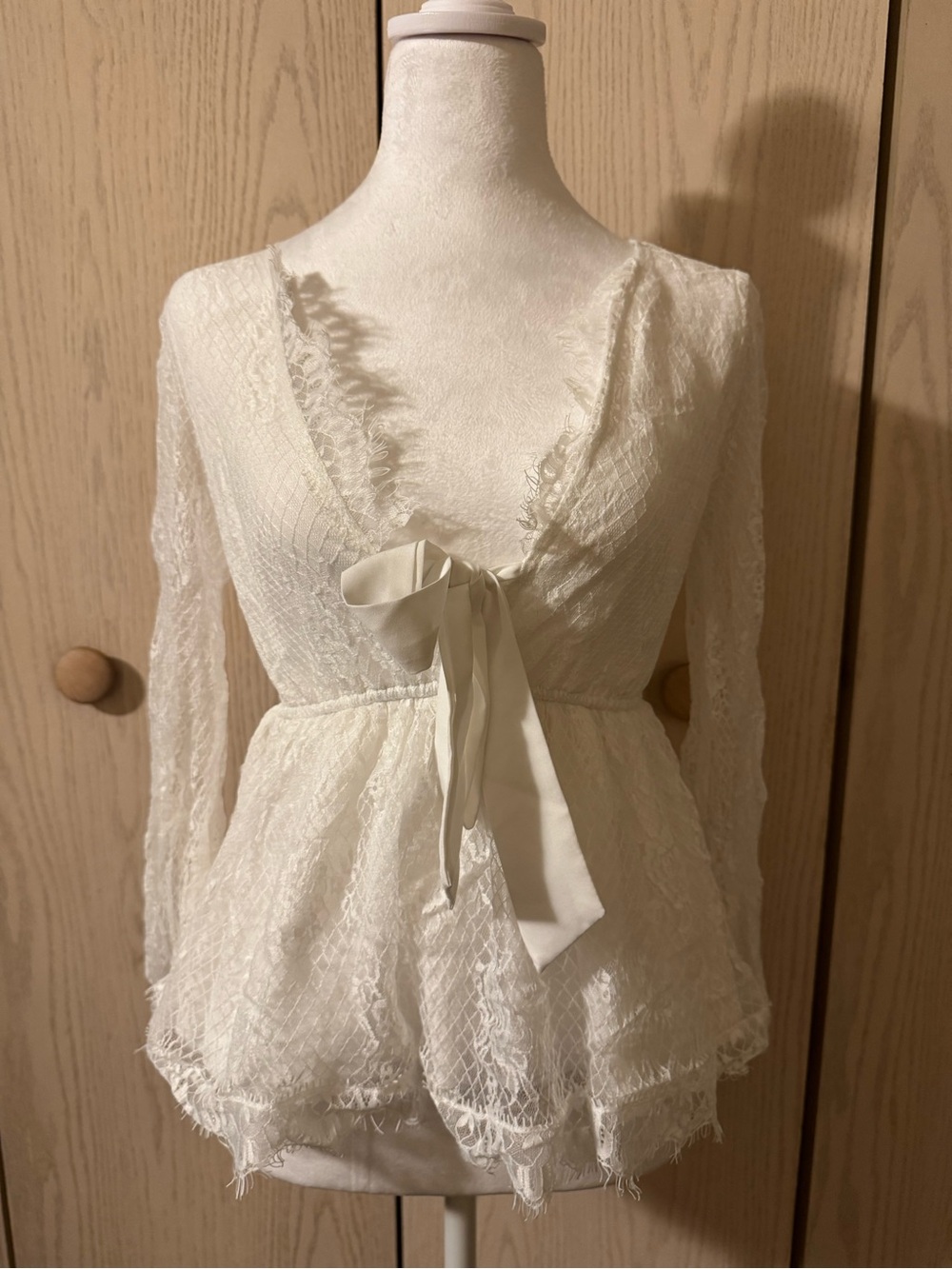 Lace Tie-Front Peplum Blouse in Ivory